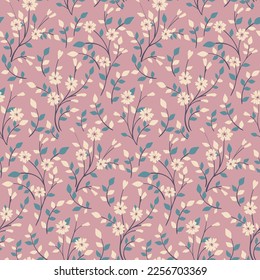 Seamless floral pattern, spring ditsy print with hand drawn pretty garden. Cute botanical design: small flowers, blooming branches, leaves on a delicate lilac background. Vector illustration.