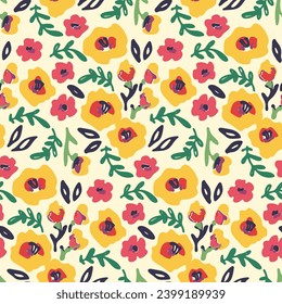 Seamless floral pattern, spring ditsy print with abstract meadow in retro motif. Cute spring botanical design: hand drawn small flowers, leaves, colorful plants on a light field. Vector flower print.