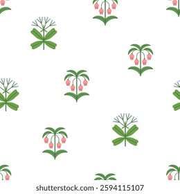 Seamless floral pattern. Spring flower branches, repeating botanical print, nature texture for wallpaper, textile design. Endless background with plants, wildflowers. Colored flat vector illustration
