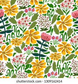 Seamless floral pattern, spring flowers, white background, flat style, hand drawn, vector illustration - Shutterstock ID 1309162414