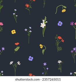 Seamless floral pattern. Spring flowers, repeating print. Endless botanical background. Field blooms, meadow plants, wildflower branches. Flat vector illustration for fabric, textile, wrapping