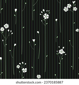 Patrón floral sin foco con flores primaverales. Resumen de fondo ornamental a rayas con flores silvestres estilizadas.