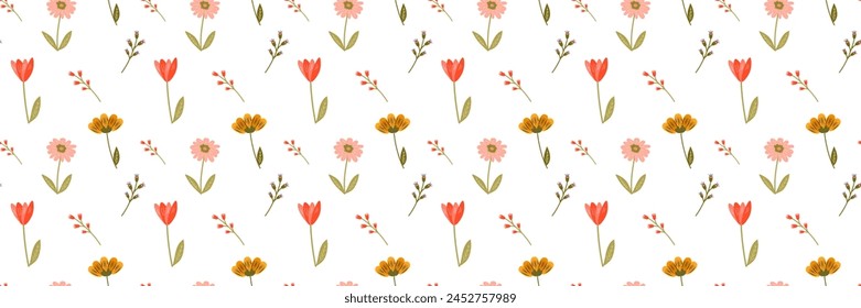 Seamless floral pattern, pattern of spring flowers on a white background. Spring seamless texture for your design. Vector illustration EPS 10