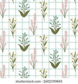 Seamless floral pattern with spring flowers on a gingham background. A charming pattern featuring hand-drawn summer flowers. Perfect for fabric design, wallpapers, stationery, wrapping paper.