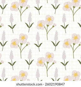 Seamless floral pattern with spring flowers on a gingham background. A charming pattern featuring hand-drawn summer flowers. Perfect for fabric design, wallpapers, stationery, wrapping paper.