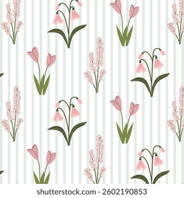 Seamless floral pattern with spring flowers on a lined background. A charming pattern featuring hand-drawn summer flowers. Perfect for fabric design, wallpapers, stationery, wrapping paper.
