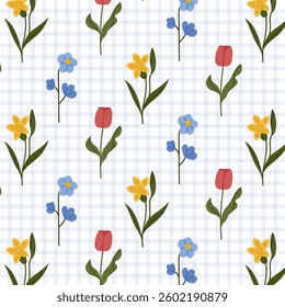 Seamless floral pattern with spring flowers on a gingham background. A charming pattern featuring hand-drawn summer flowers. Perfect for fabric design, wallpapers, stationery, wrapping paper.