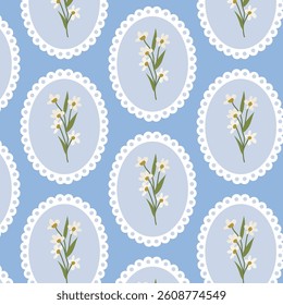 Seamless floral pattern with spring flowers in a round frame on blue background. Coquette pattern with hand-drawn summer flowers. Perfect for fabric design, wallpapers, stationery, wrapping paper.