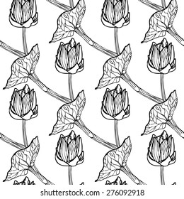 Seamless floral pattern of spring flowers vector illustration. For continuous replication. Monochrome