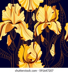 Seamless floral pattern with spring  flowers. Vector background with yellow irises. Background for leaflets, postcards, invitations and banners.