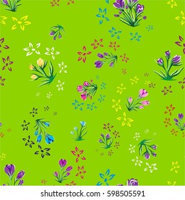 Seamless floral pattern, spring flowers saffron. Pattern fills, vector. Print for gift wrapping, fabric. Bright green background, lilac, purple, blue, yellow, pink colored crocus flowers.