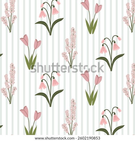 Seamless floral pattern with spring flowers on a lined background. A charming pattern featuring hand-drawn summer flowers. Perfect for fabric design, wallpapers, stationery, wrapping paper.