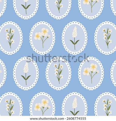 Seamless floral pattern with spring flowers in a round frame on blue background. Coquette pattern with hand-drawn summer flowers. Perfect for fabric design, wallpapers, stationery, wrapping paper.