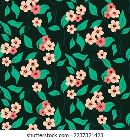 Patrón floral sin foco con jardín de primavera, bonitas plantas florecientes. Hermosa huella botánica, diseño floral con botánica dibujada a mano: flores pequeñas, ramas, hojas sobre un fondo verde. Vector.