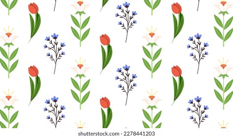 Nahtlose Blumenmuster. Frühlingsgarten und Feldblumen, wiederholt Druck. Botanischer Hintergrund, Texturdesign für Textilien, Stoff, Umhüllung. Vektorhintergrund im Flachstil