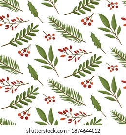 Seamless floral pattern with spring plants and berries. Design for Holidays decoration, wrapping paper, print, fabric or textile. Vector illustration.