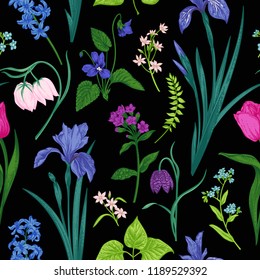 Seamless floral pattern with spring and summer flowers on a black background. Vector botanical illustration.
