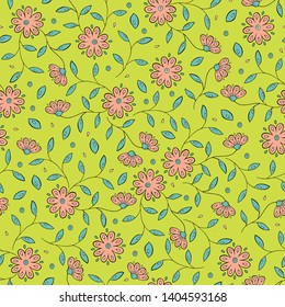 Seamless floral pattern for spring or summer. Hand drawing doodle pattern with flowers for textile. Retro style vector flower illustration 