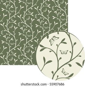 Seamless floral pattern with sprouts and butterflies