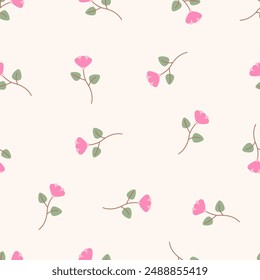 Seamless floral pattern with sprouts and flower branches. Motifs scattered random. Spring or summer print for fabric, wrapping, textile, wallpaper, card, paper gift, phone case, stationery.