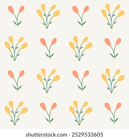 Seamless floral pattern with sprouts and flower branches. Motifs scattered random. Spring or summer print for fabric, wrapping, textile, wallpaper, card, paper gift, phone case, stationery.