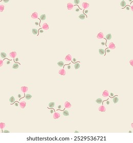 Seamless floral pattern with sprouts and flower branches. Motifs scattered random. Spring or summer print for fabric, wrapping, textile, wallpaper, card, paper gift, phone case, stationery.