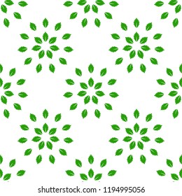 Seamless floral pattern with stars made of leaves. Repeating green texture on white background. Perfect for printing on fabric or paper. 