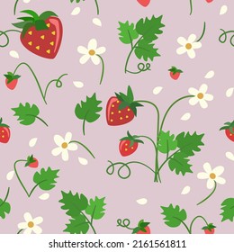 Seamless  floral pattern with strawberries on pink background with white flowers and green leaves.Suits as wallpaper, print, fabric or anything for spring and summer mood. 