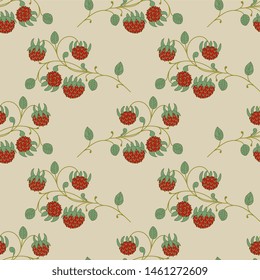 Seamless floral pattern with strawberry branches. Folk style.