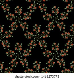 Seamless floral pattern with strawberry branches. Folk style. On black background.