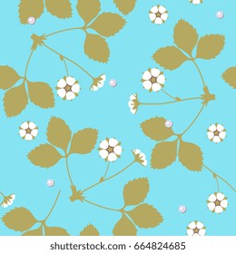 Seamless floral pattern with strawberry flower and dew drops. Blue background