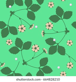 Seamless floral pattern with strawberry flower and dew drops. Fresh green background