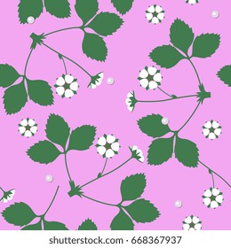 Seamless floral pattern with strawberry flower and dew drops on a pink background