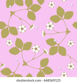 Seamless floral pattern with strawberry flower and dew drops on a pink background