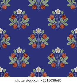 Seamless floral pattern with strawberry plant. Blooming branches with green leaves, white flowers and ripe red berries on blue background.