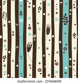 Seamless floral pattern with stripes and polka dots. Vector background.
