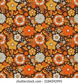 Seamless Floral Pattern In The Style Of The 60s, 70s. Flower Child, Hippie, Stylish Floral Background In Autumn Colors.