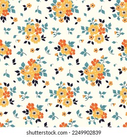 Nahtlose Blumenmuster, stylischer Blumendruck mit Volksmotiv. Cute-Ditsy-Design mit kleinen Zierpflanzen: handgezeichnet gelbe Blumen, Blätter in Bouquets auf weißem Hintergrund. Vektorgrafik.