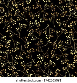 Patrón floral sin foco. Textura repetitiva elegante. Textura repetitiva con hojas doradas sobre fondo negro.