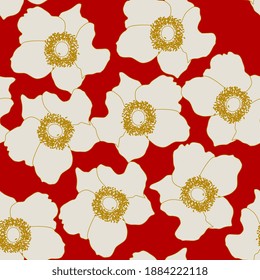 Seamless floral pattern with stylized anemone flowers.