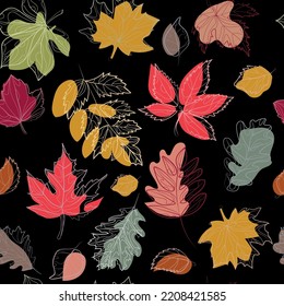 Seamless floral pattern with stylized autumn colorful foliage on black background vector graphics.Falling leaves seamless background for decoration design,wallpaper,fabric,print,cover