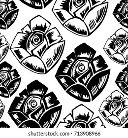 A seamless floral pattern with stylized black and white roses. A vector composition on white background.