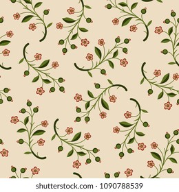 Seamless floral pattern with stylized blooming branches. Vintage folk style.
