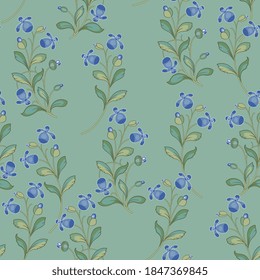 Seamless floral pattern with stylized blooming branches of blue flowers. Folk style.