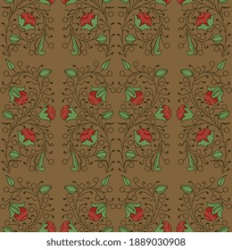 Seamless floral pattern with stylized blooming vines or branches with berries. Folk style.