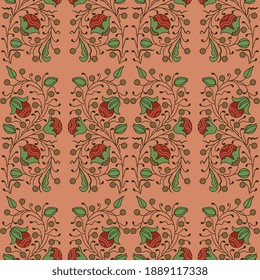 Seamless floral pattern with stylized blooming vines or branches with berries. Folk style.