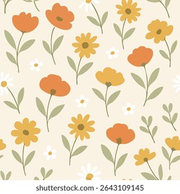 Seamless floral pattern with stylized blooms and soft earth tones, perfect for fabric, wallpapers, and digital designs.