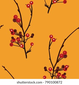 Seamless floral pattern with stylized boughs with red berries.