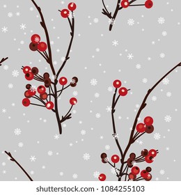 Seamless floral pattern with stylized branches of red berries and snowflakes. Cute winter motif.