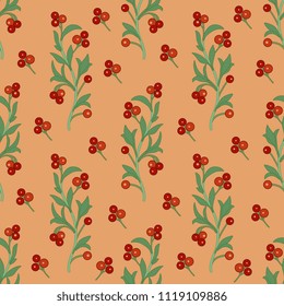Seamless floral pattern with stylized branches of red berries. Folk style.